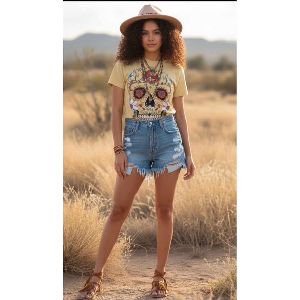 Hasta Siempre Sugar Skull Graphic Tee Yellow Floral Day of the Dead Shirt Large
